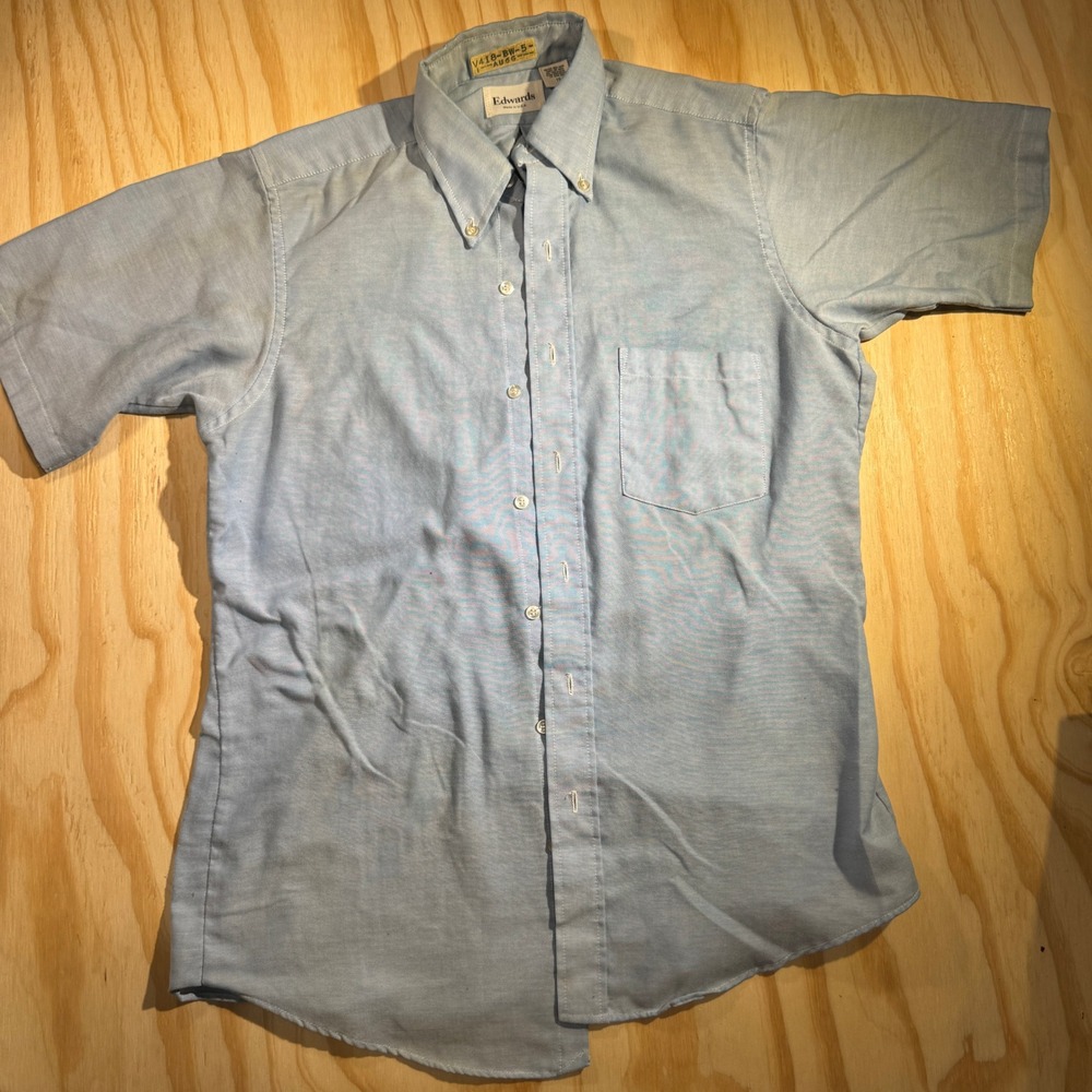 Edwards Mens Blue Oxford Short Sleeve Button Down Shirt Made in USA Size 15